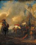 Manner of Philips Wouwerman Dutch 16191668 Encampment with Horsemen