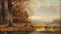 American School 19th Century Deer At the Edge of a Pond Autumn Fields Beyond