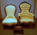 Two Victorian Upholstered Carved Walnut Parlor Chairs and Empire Footstool