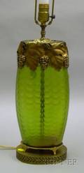 Art Nouveau Giltmetal Mounted Loetztype Iridescent Green Glass Vase Table Lamp