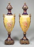 Pair of Modern Sevresstyle Giltmetal Mounted Handpainted Ceramic Floor Urns