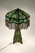 Filigree Nine Panel Lamp w Green Slag Glass