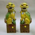 Pair of Asian Export Spinach and Egg Glazed Ceramic Foo Lion Figures
