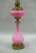 Late Victorian Giltmetal Mounted Pink Glass Kerosene Banquet Lamp