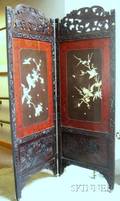 Chinese Carved Wood Framed Carved Bone Floral and Bird Mounted Lacquered TwoPanel Floor Screen