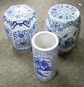 Modern Chinese Export Porcelain Blue and White Decorated Cane Stand and Two Garden Seats