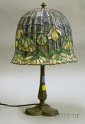 Contemporary Floral Pattern Leaded Glass and Cast Metal Boudoir Table Lamp