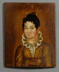 Attributed to Asahel Lynde Powers American 18131843 Portrait of a Woman Wearing a Golden Brown Dress and Gold Jewelry