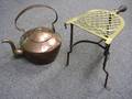 Copper Teakettle and a Brass and Iron Hearth Trivet
