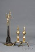 Pair of Brass and Iron Steepletop Andirons Two Matching Tools and Stand