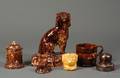Five Rockingham Glazed Pottery Items and a Yellow Glazed Dog Head Bank