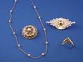 Two 14kt Gold and Pearl Pins and a Necklace and a 14kt Gold and Diamond Ring