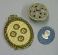 Small Wedgwood Lilac Jasper Dip Covered Cache Pot a Painted Portrait Medallion and a Framed Set of Four Small