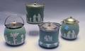 Four Wedgwood Silver Plate Mounted Light Green Jasper Dip Biscuit Jars