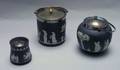 Wedgwood Silver Plate Mounted Black Jasper Dip Jam Pot and Two Biscuit Barrels