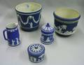 Wedgwood Dark Blue Jasper Dip Covered Jar Two Jardinieres Jug and Covered Sugar