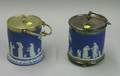 Two Wedgwood Silver Plate Mounted Dark Blue Jasper Dip Biscuit Barrels
