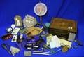 Inlaid Rosewood Box of Assorted Hair Accessories Vanity Articles Purses and Sewing Notions