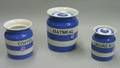 Three Blue and White Striped Ironstone Kitchen Canisters