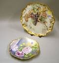 Handpainted Rose Decorated Limoges Porcelain Plaque and an AB Hoppey Handpainted Grapevine Decorated Shaped