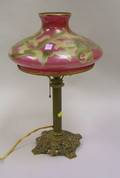 Painted Glass and Brass Plated Cast Metal Table Lamp