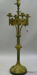 Ecclesiastical Gilt and PartEbonized Cast Metal Candelabra Table Lamp with Marble Base