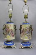 Large Pair of Victorian Paris Porcelain Handpainted TwoHandled Vase Table Lamps