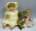 Two Composition Dolls and an Early Mohair Bear