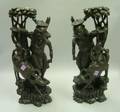 Pair of Asian Silver Inlaid Carved Hardwood Figures