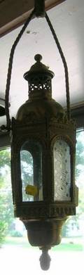 Pair of Moorishstyle Brass Hanging Candle Lanterns with Acidetched Panels