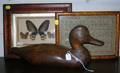 LM Bailey Carved Wood Duck Decoy a 19th Century Needlework Sampler and a Framed Butterfly Study