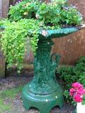 Green Painted Cast Iron Garden Bird Bath with Figural Herons Base
