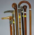 Seven Assorted Wooden Canes and Walking Sticks with Antler and Metal Handles