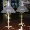 Pair of Victorianstyle Brass Table Lamps with Colorless Ruffled Glass Shades