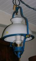 Blue Painted Cast Iron Hanging Kitchen Lamp with Opaque Glass Shade and a Victorian Giltmetal Hanging Kerosene Lantern with Tin 
