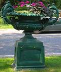 Large Green Painted Twopart Cast Iron Fourhandled Garden Urn on Pedestal Base