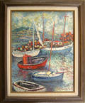 Oil on board harbor scene