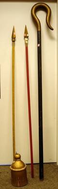 Fraternal Gold Painted Carved Wooden Tassel a Painted Odd Fellows Staff and Two Carved and Painted Spears