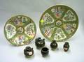 Chinese Export Porcelain Rose Medallion Circular Platter and Plate and Five Small Chinese Brown Glazed Vessels