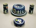 Wedgwood Dark Blue Jasper Dip Cheese Dish and Cover a Pair of Spill Vases and a Covered Box