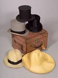 Benjamin Trunk Makers Tan Leather Hatbox and Four Vintage Hats