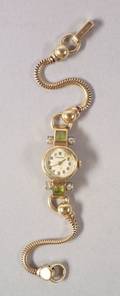 Retro Ladys 14kt Gold Diamond and Peridot Wristwatch Cresarrow