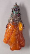 Antique Silver Carved Amber and Enamel Snuff Bottle China