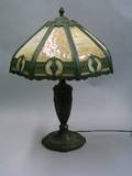 Octagonal Bent Caramel Slag Glass and Patinated Cast Metal Table Lamp