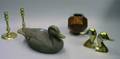 Pair of Brass Candlesticks and Duck Bookends a Painted Composition Duck Decoy and a Burlwood Box
