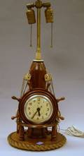 Inlaid and Ivory Mounted Wooden Ships Wheel and Marinemotif Figural Table Clock