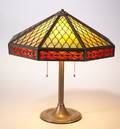 Bradley  Hubbard Octagonal Patinated Cast Metal Overlay Slag Glass Panel Table Lamp