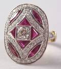 Art Deco Style 14kt White and Yellow Gold Ruby and Diamond Oval Domed Ring