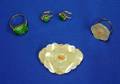 14kt Gold and Jadeite Carved Flower Brooch with Matching Ring and a 14kt Gold and Carved Jade Ring with a Pair of Similar Earrings
