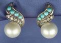 18kt Gold South Sea Pearl Turquoise and Diamond Earclips
